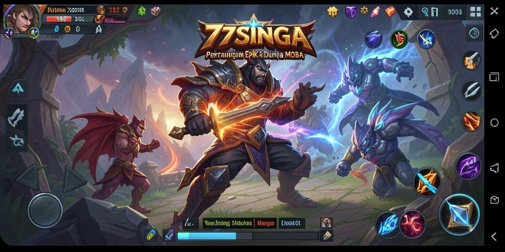 Tampilan pertarungan seru dalam game MOBA 77SINGA.