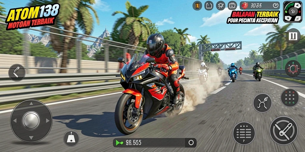 Tampilan menarik dari gameplay balapan motor dalam ATOM138.