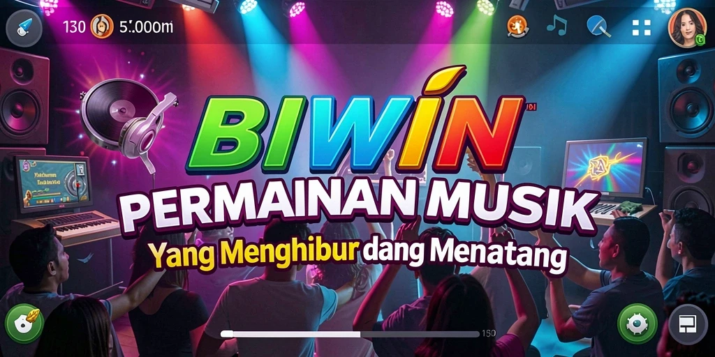 Tangkapan layar utama BIWIN menampilkan gameplay seru dengan musik.