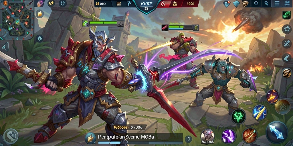 Screenshot gameplay KKRP menampilkan aksi pertempuran seru dalam MOBA.