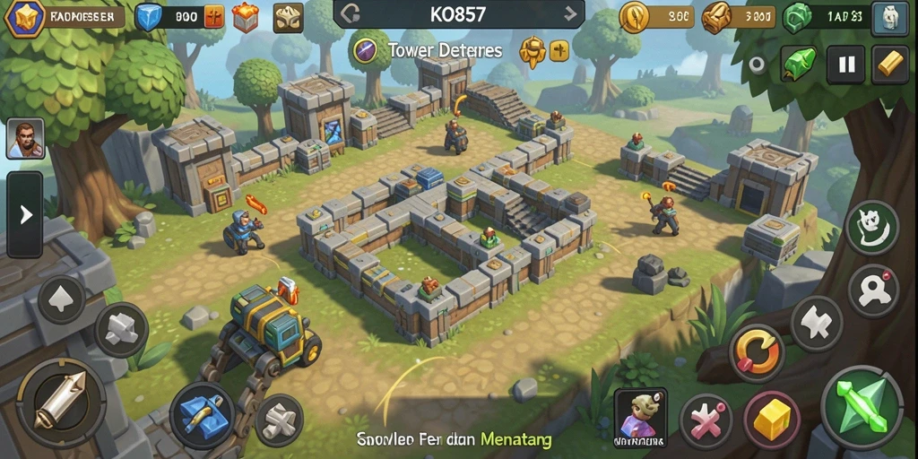 Screenshot gameplay KO857 menampilkan aksi seru Tower Defense yang mendebarkan.