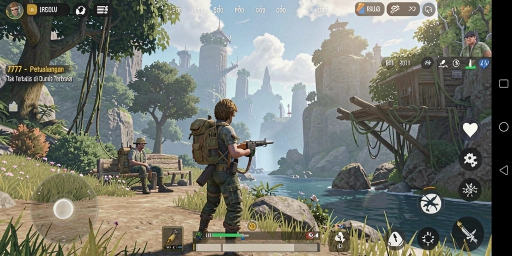 Screenshot utama menunjukkan petualangan di dunia terbuka yang luas.