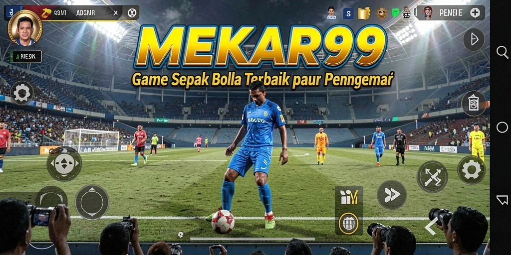 Screenshot gameplay MEKAR99 menampilkan aksi sepak bola yang intens.