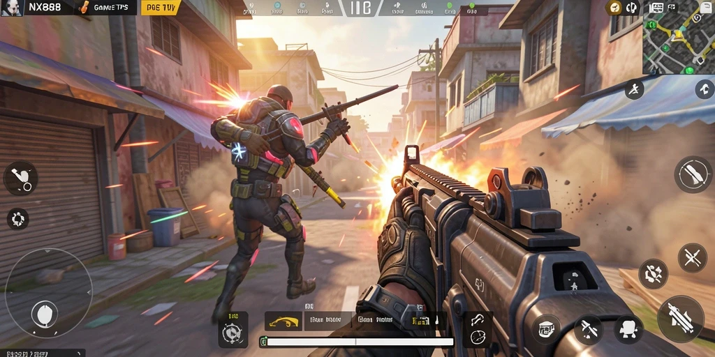 Screenshot gameplay NX888 dengan aksi tembak-menembak yang intens.