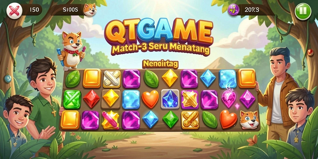 Screenshot gameplay QTGAME yang menunjukkan tantangan Match-3.
