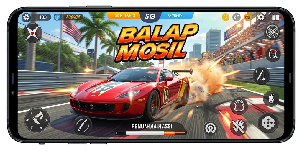 Screenshot gameplay S13 menampilkan aksi balapan yang mendebarkan.