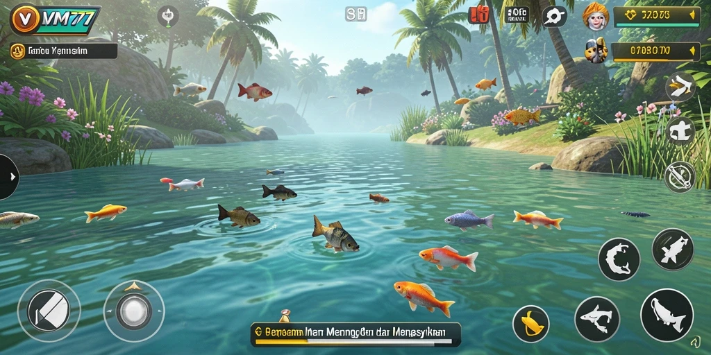Tampilan screenshot gameplay VM777 menunjukkan aksi menangkap ikan yang seru.