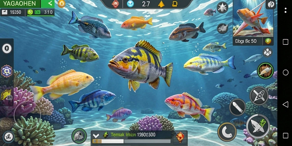 Tampilan gameplay YAGAOHEN dengan aksi menembak ikan yang seru.